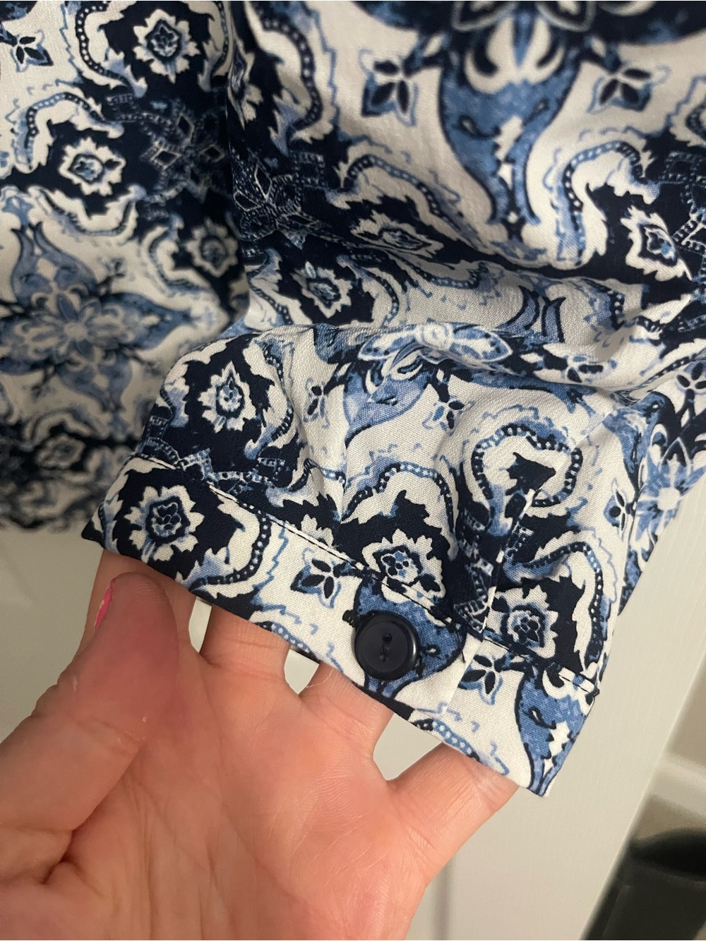 Notations Navy and White Printed Button-Front Blouse - Picture 5 of 8